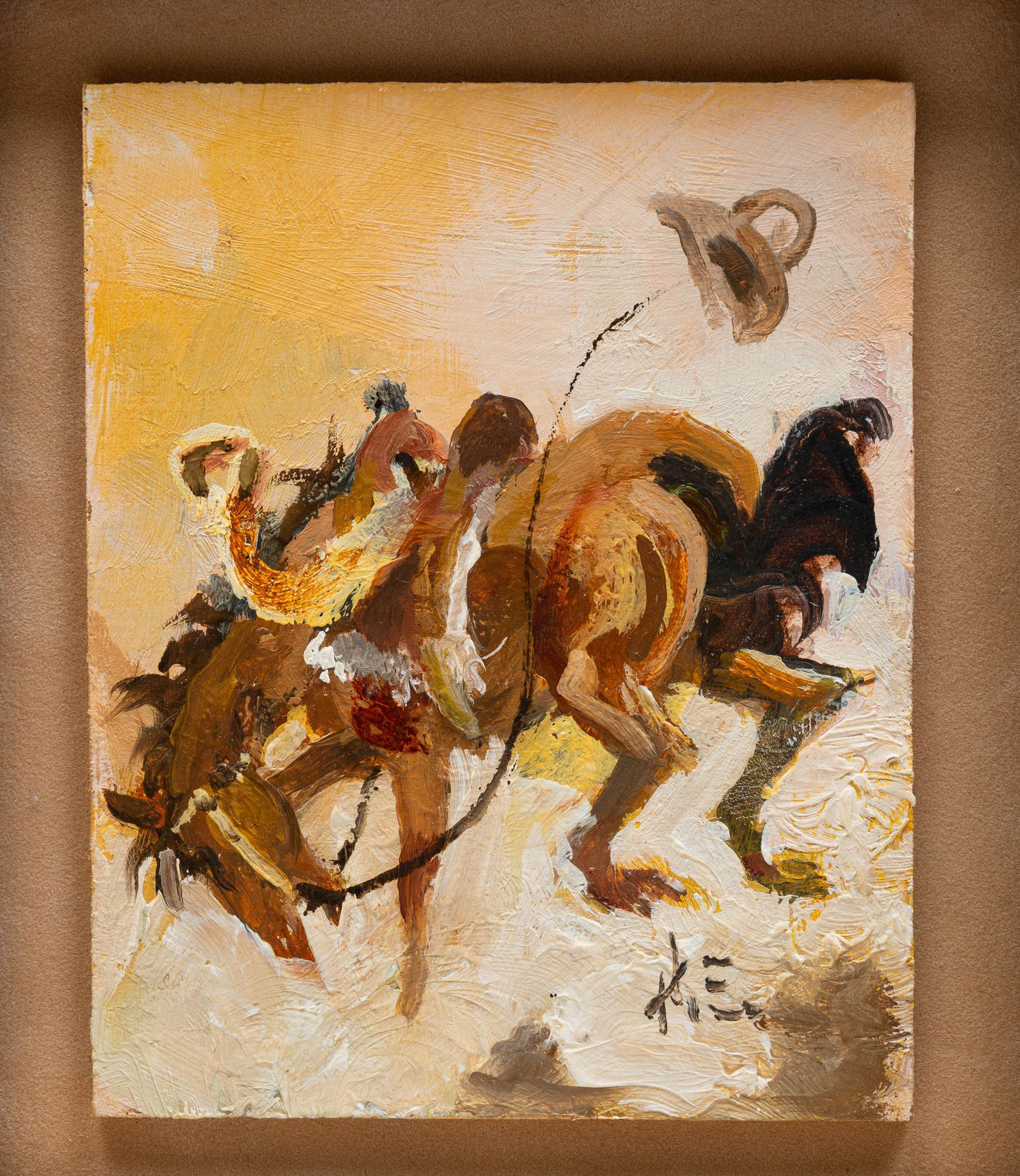 BUCKING BRONCO "WHERE'S LUTHER" SIGNED HAL EMPIE (1909-2002).: American, late 19th Century. Oil on masonite. Horse losing his rider signed lower right. 5"h. 4"w. framed 15.5"h. 14.5"w.