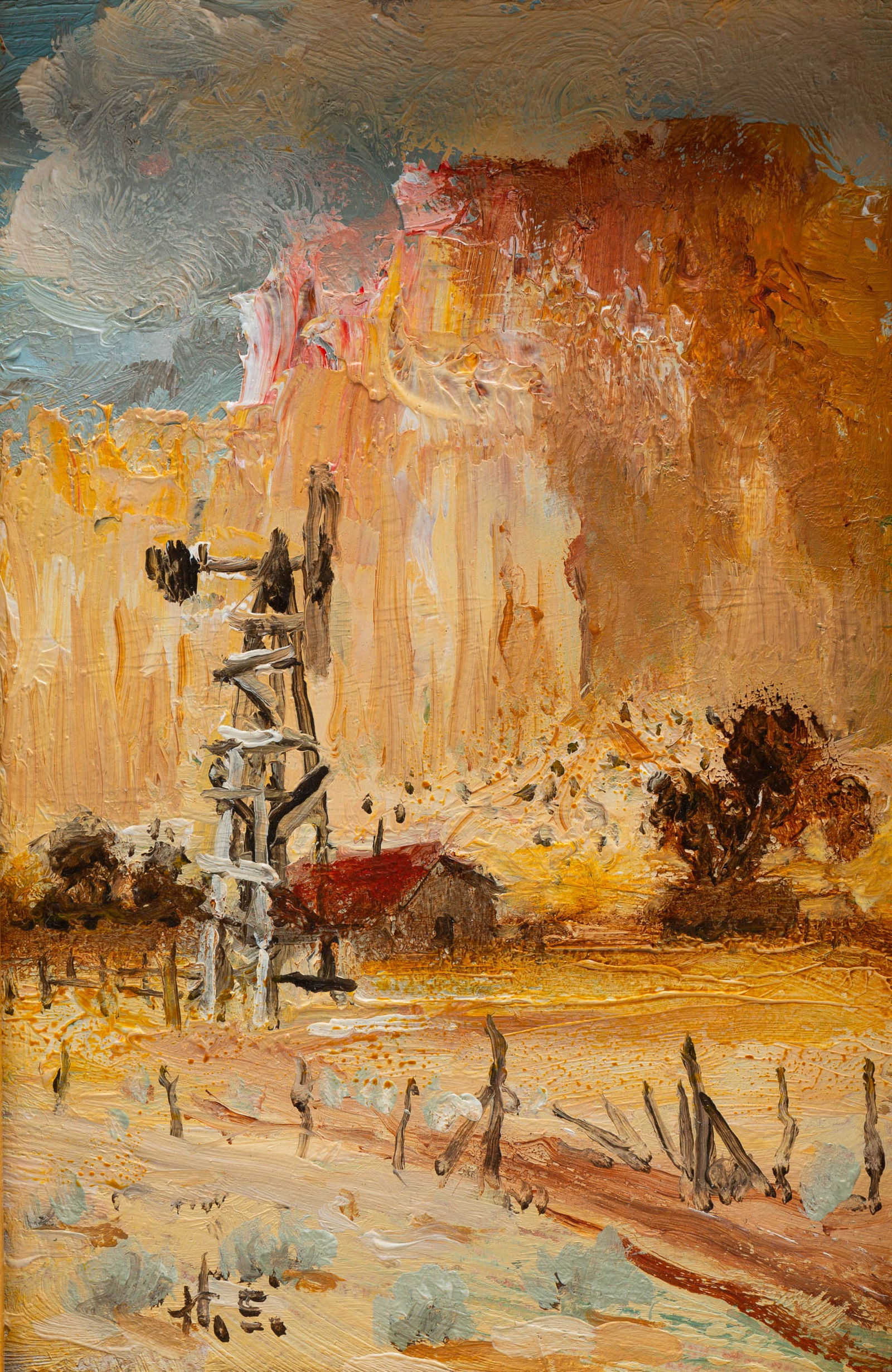 SOUTHWESTERN SCENE "CLAY BLUFF RANCH" SIGNED HAL EMPIE (1909-2002).: American, late 19th Century. Oil on masonite. Windmill with barn on a mountainous stone bluff background. Initialed "H. E." lower left. 6"h. 4"w. framed 17.5"h. 15.5"w.