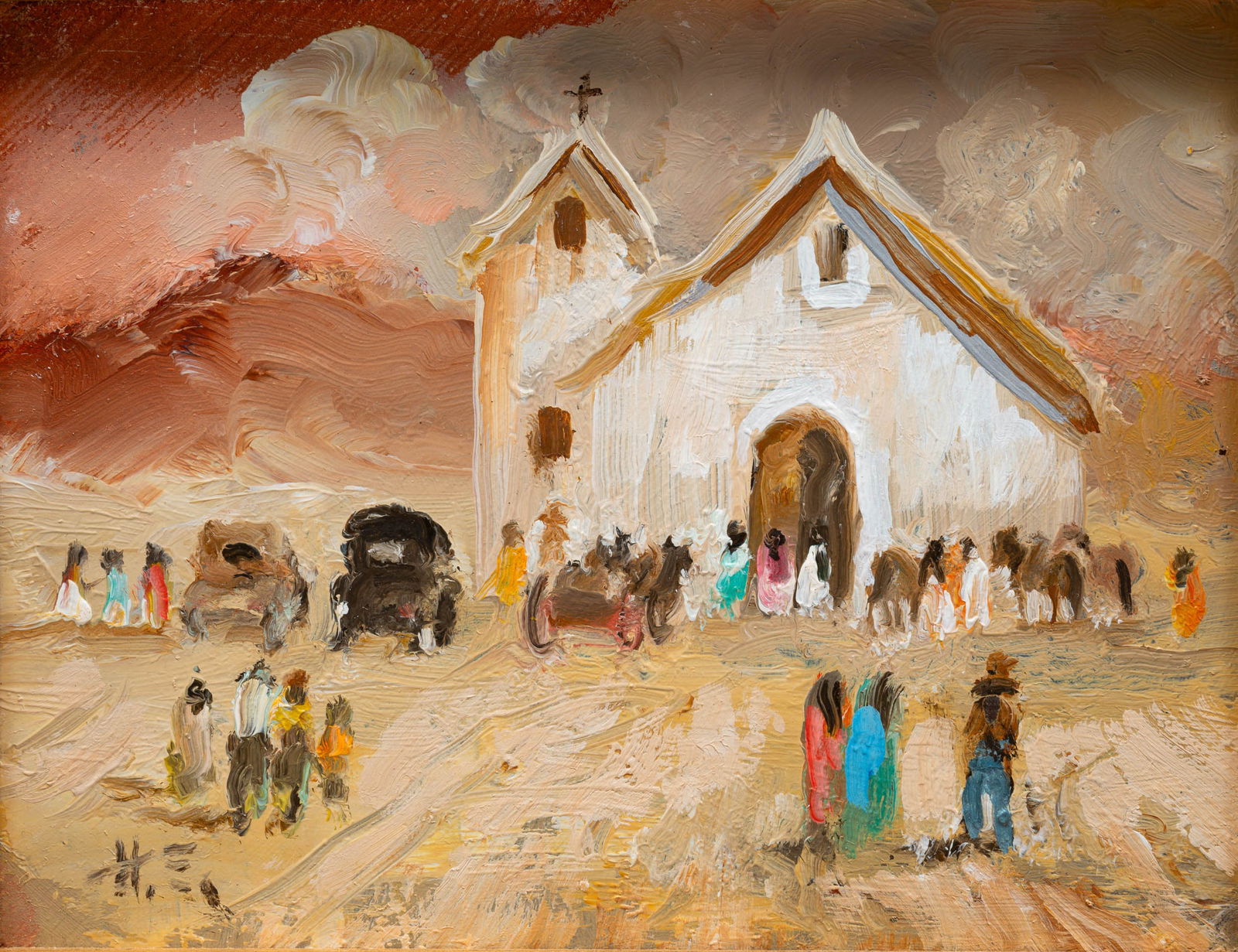 LANDSCAPE TITLED "DOMINGO" SIGNED HAL EMPIE (1909-2002).: American, late 20th Century. Oil on masonite. Dated 1993 in pencil on reverse. Image of a group of people gathering for Sunday services at a white stucco church. Initialed lower left. 4"h. 5"w. Framed