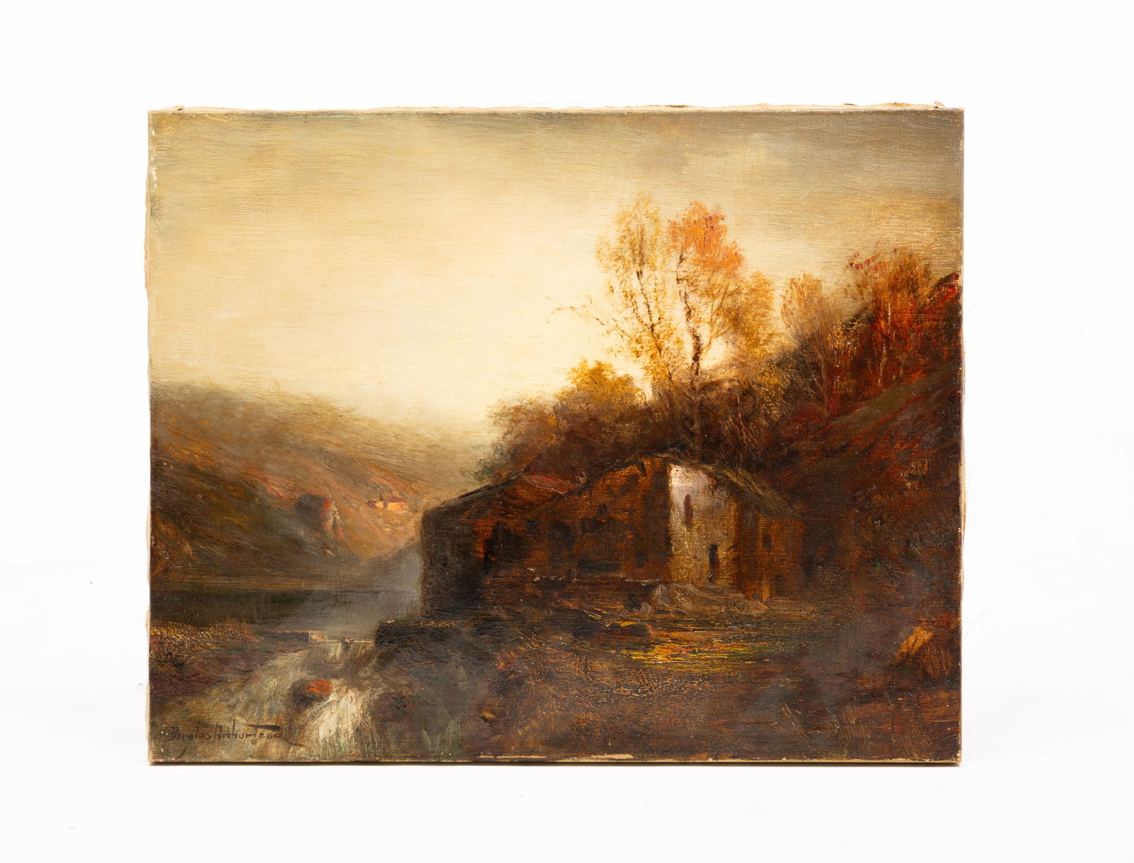 "LANDSCAPE WITH RUINS" BY DOUGLAS ARTHUR TEED (1864-1929).: American (Michigan), late-19th or early-20th Century. Oil on canvas view of a landscape with a river, small waterfall, and ruins of a building. Signed on lower left. Sight, 15.5"h. 19.5"w. Ornate carv