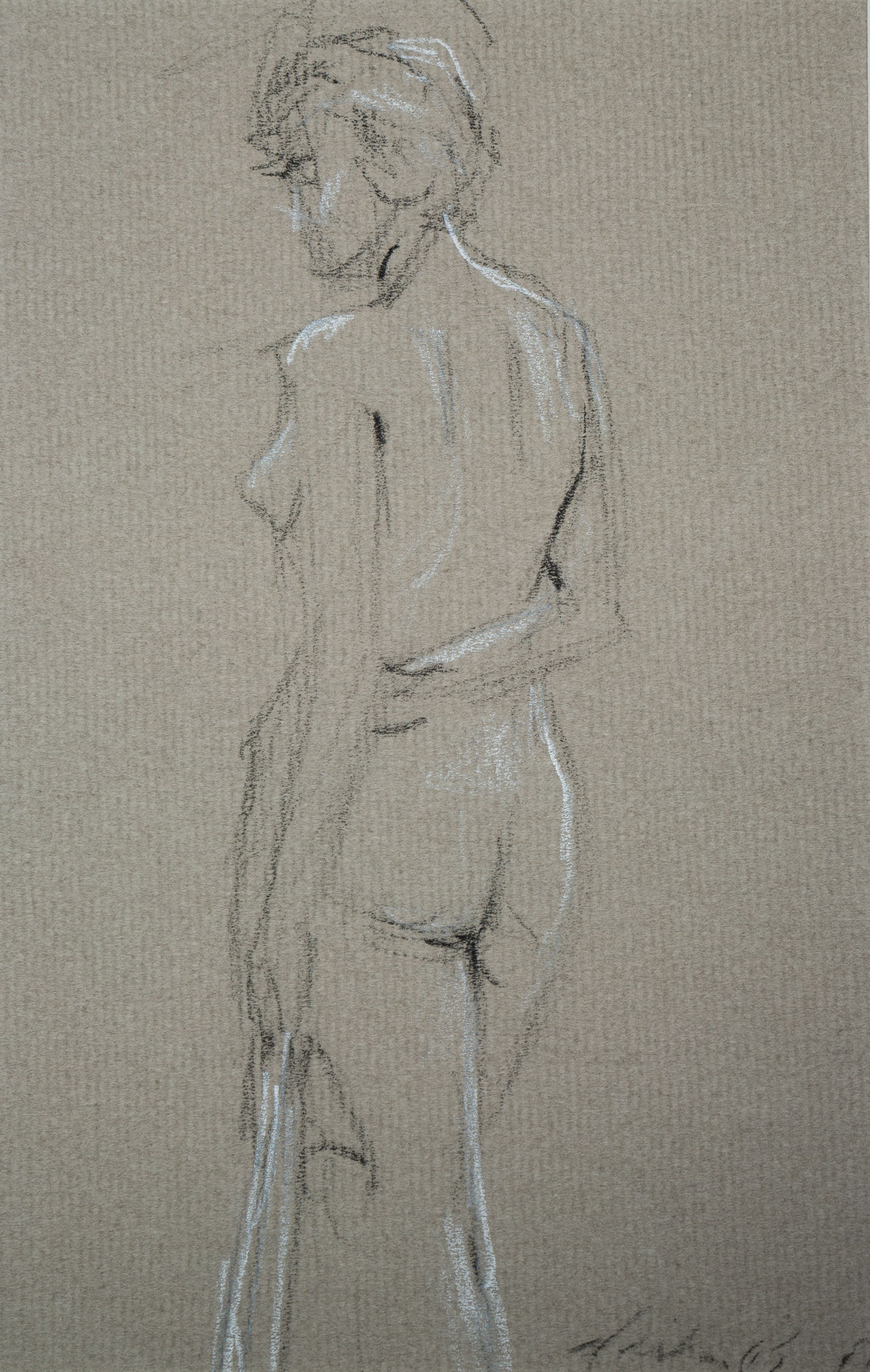 "STUDY OF A NUDE" DRAWING BY ARTHUR BOWEN DAVIES (1862-1928).: American (New York), early-20th Century. Charcoal and chalk on paper full-length sketch of a nude woman. Signed on lower right. Unframed, 9.75"h. 8.75"w.