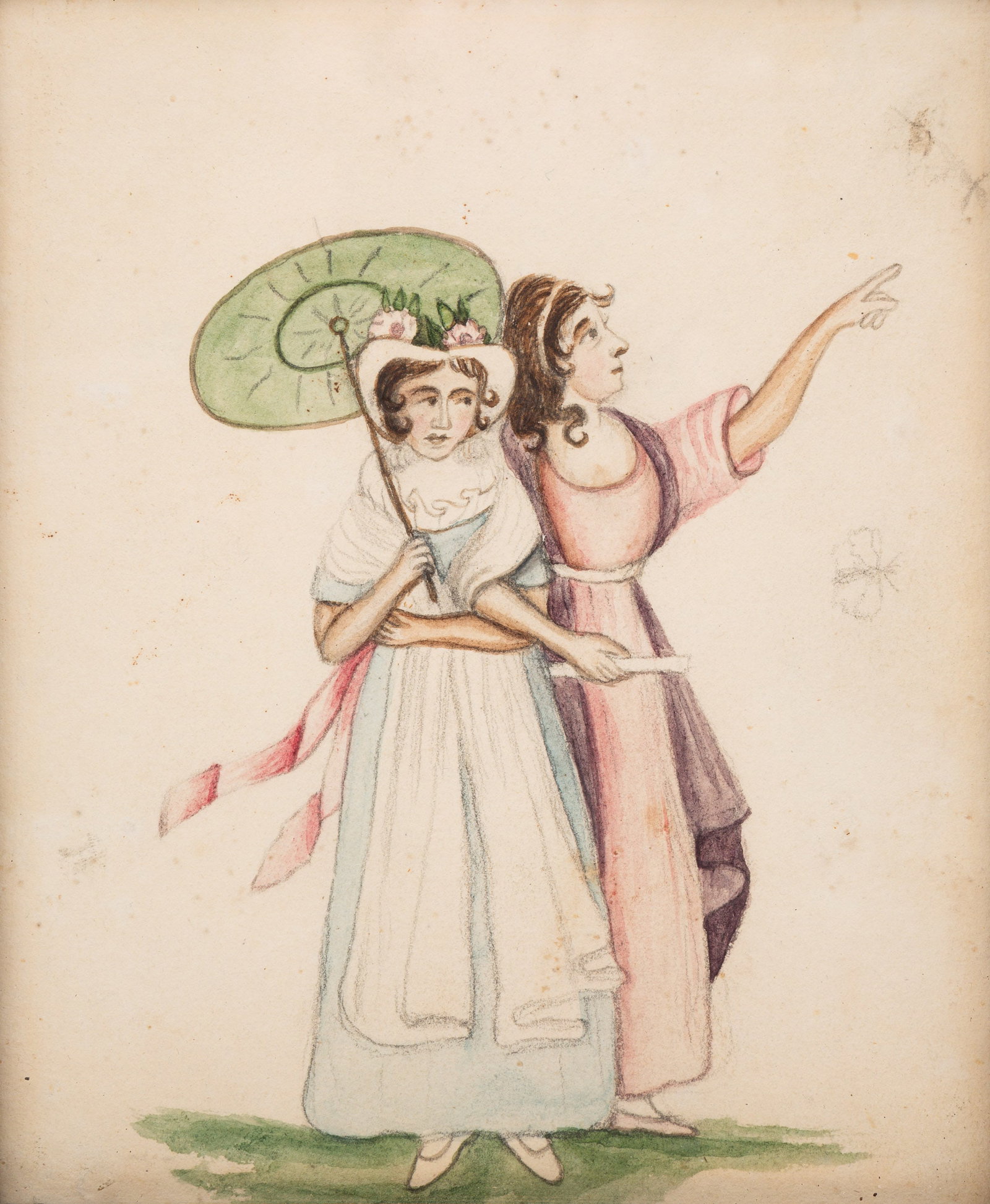 WATERCOLOR OF TWO WOMEN ATTRIBUTED TO EUNICE PINNEY (1770-1849).: American, 19th Century. Watercolor and pencil on paper, wood frame. Two women walking, one holding a parasol. Inscription on back indicating this painting "from collection of E.W. & B.C. [Col. Edgar W