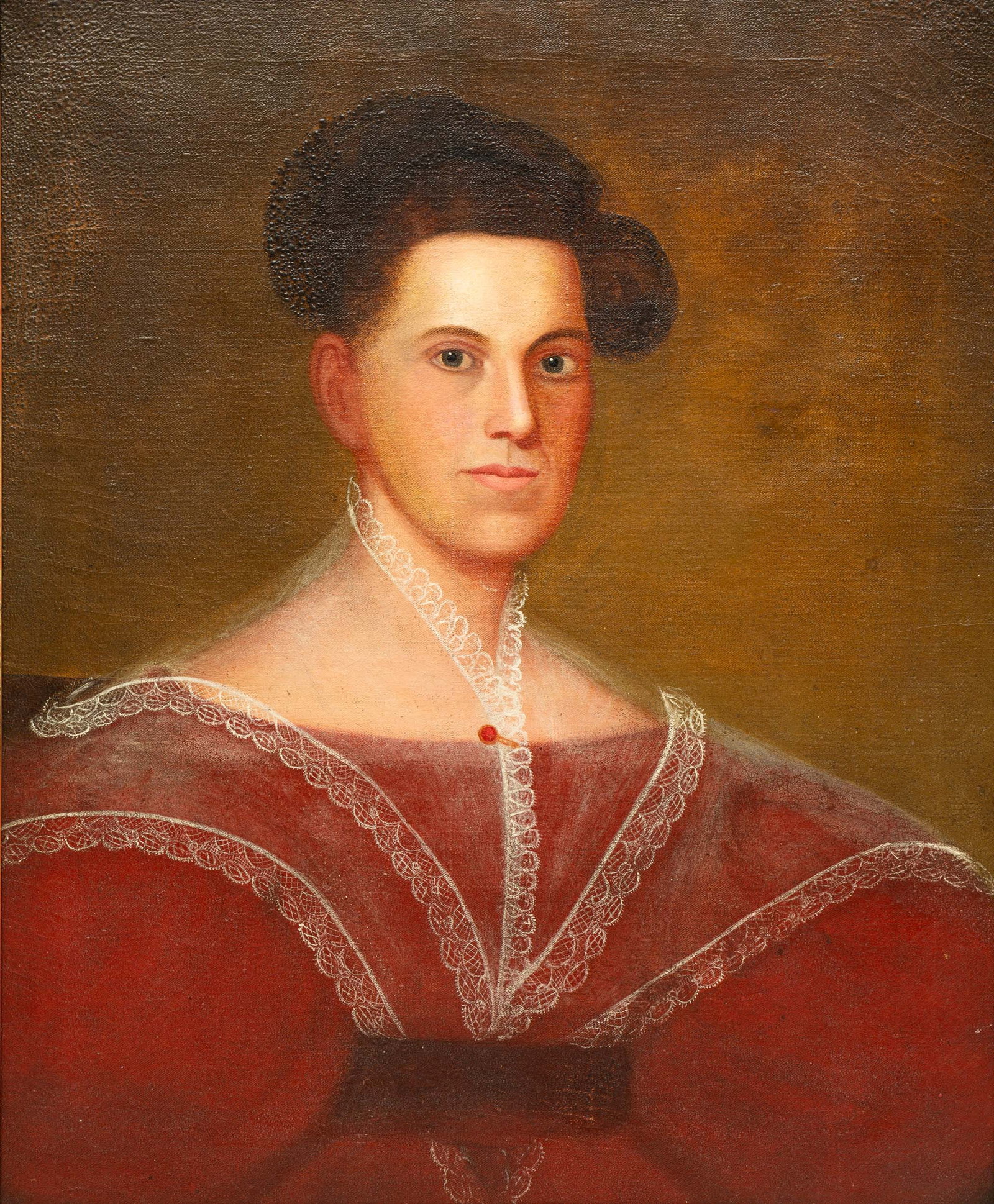 PORTRAIT OF A LADY ATTRIBUTED TO ZEDEKIAH BELKNAP (1781-1858).: American, second quarter 19th Century. Oil on canvas. She wears a high waisted red chess with lace collar. Cleaned, restoration especially on face and revarnished. 26.5"h. 22"w. Contemporary frame. 31