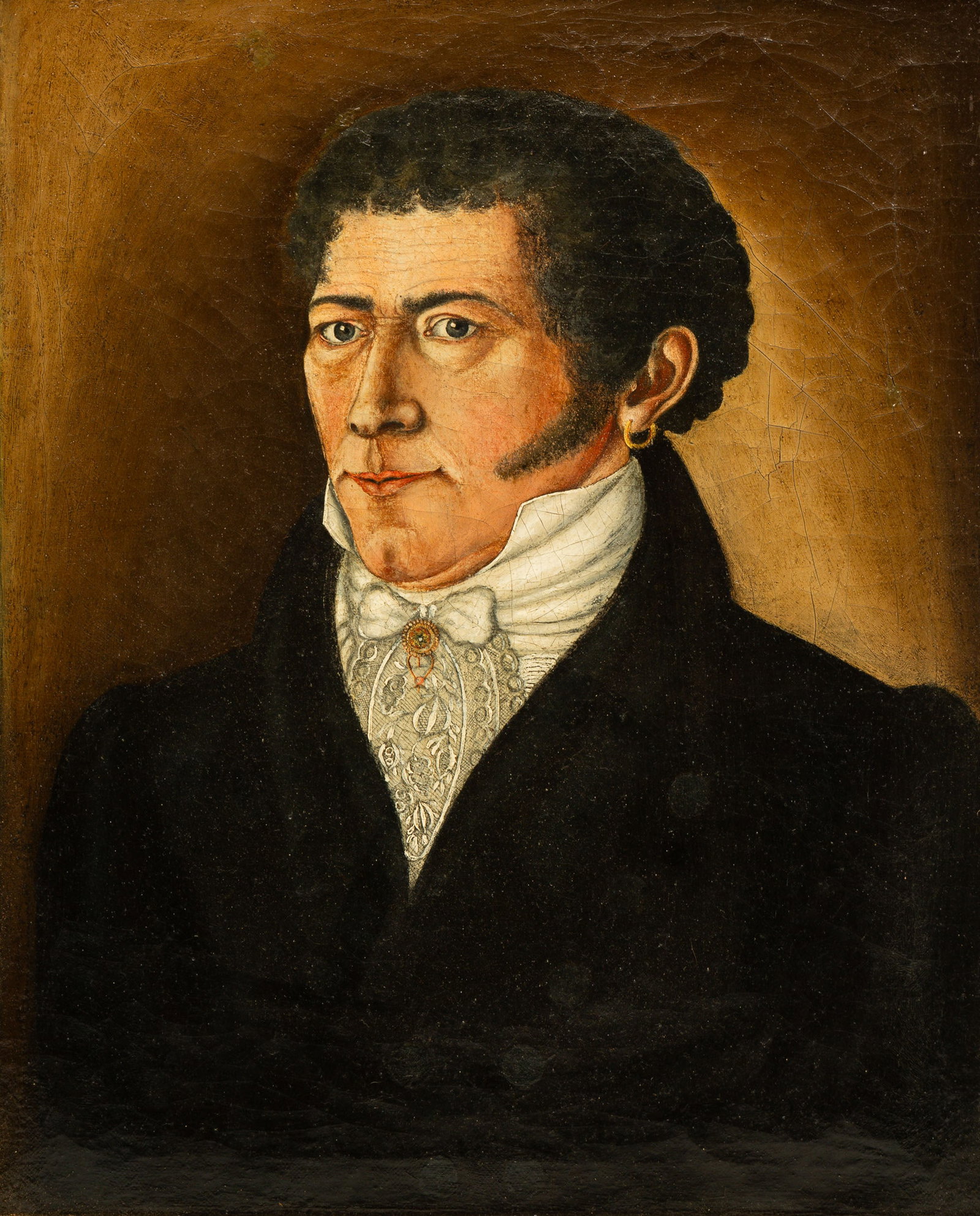 PORTRAIT OF A GENTLEMAN.: American, mid 19th Century. Oil on canvas. He has curly hair and sideburns, a gold earring, high collared shirt with lace front and a filigree tie pin. Possibly a ship captain. Cleaned, restored, reba