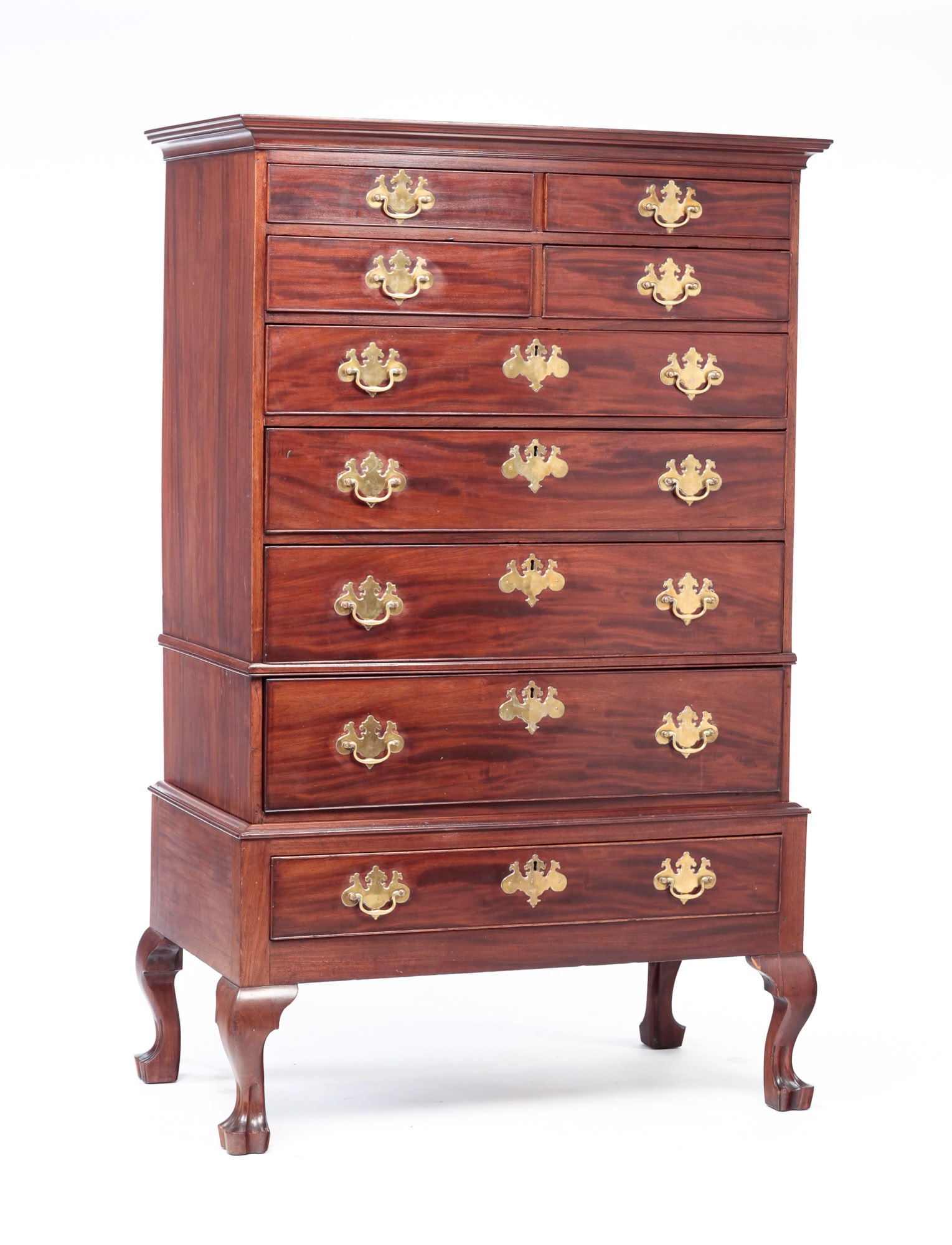 QUEEN ANNE HIGH CHEST.: American, 2nd half-18th Century. Mahogany with pine secondary. Top with dovetailed case, applied cornice and waist moldings, and eight dovetailed drawers with applied beaded edges. Base with applied t