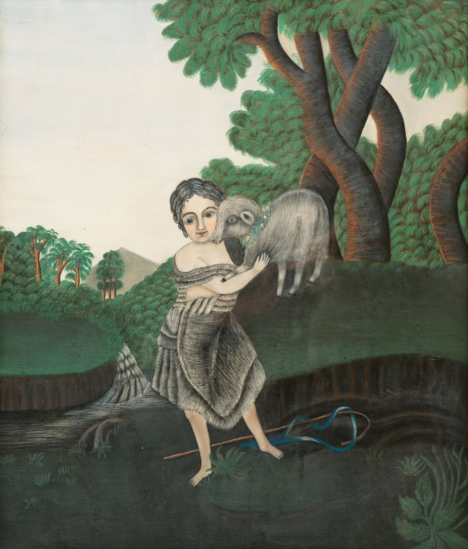 PASTEL OF A YOUNG SHEPARD.: American, mid 19th Century. Shepherd holding a lamb with a garland of flowers around its neck. A crook with blue ribbon at his feet with a background of forest, waterfall, and stream. In an ogee grain