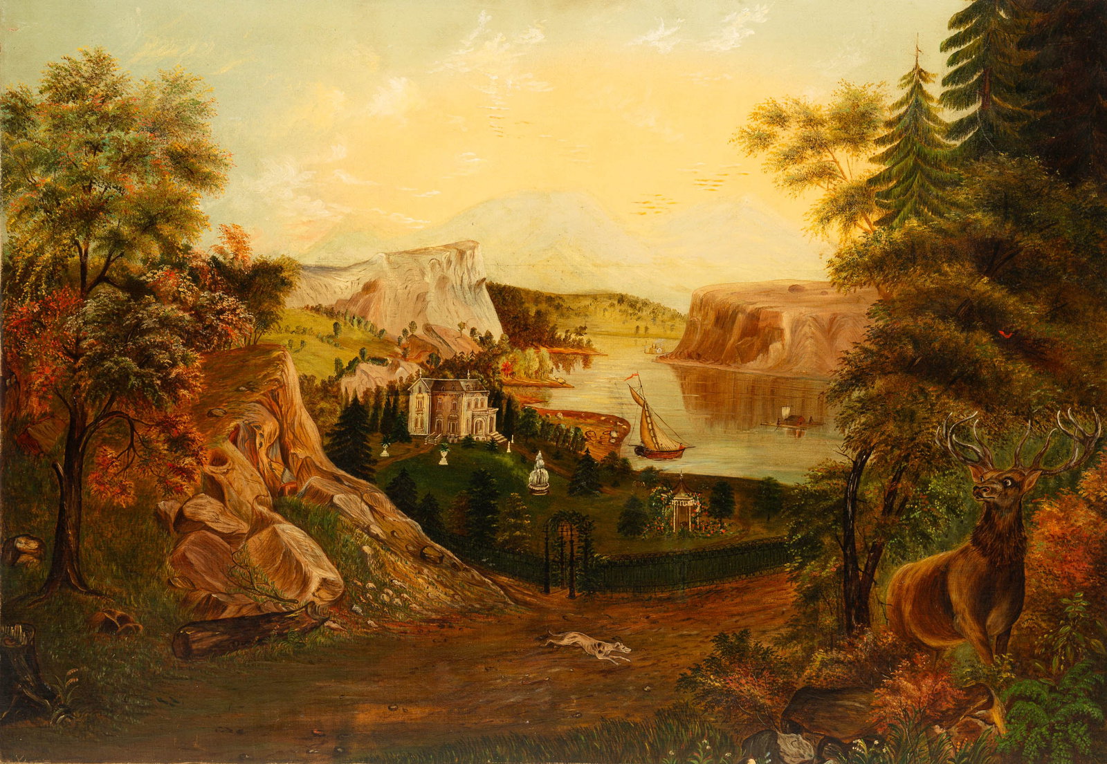 ROMANTICIZED UPPER MISSISSIPPI RIVER SCENE.: American, second-half 19th Century. Oil on canvas. Mountainous background with bluffs along the river, ornate Victorian house with manicured yard, sailboat, and raft boat at center and in background a