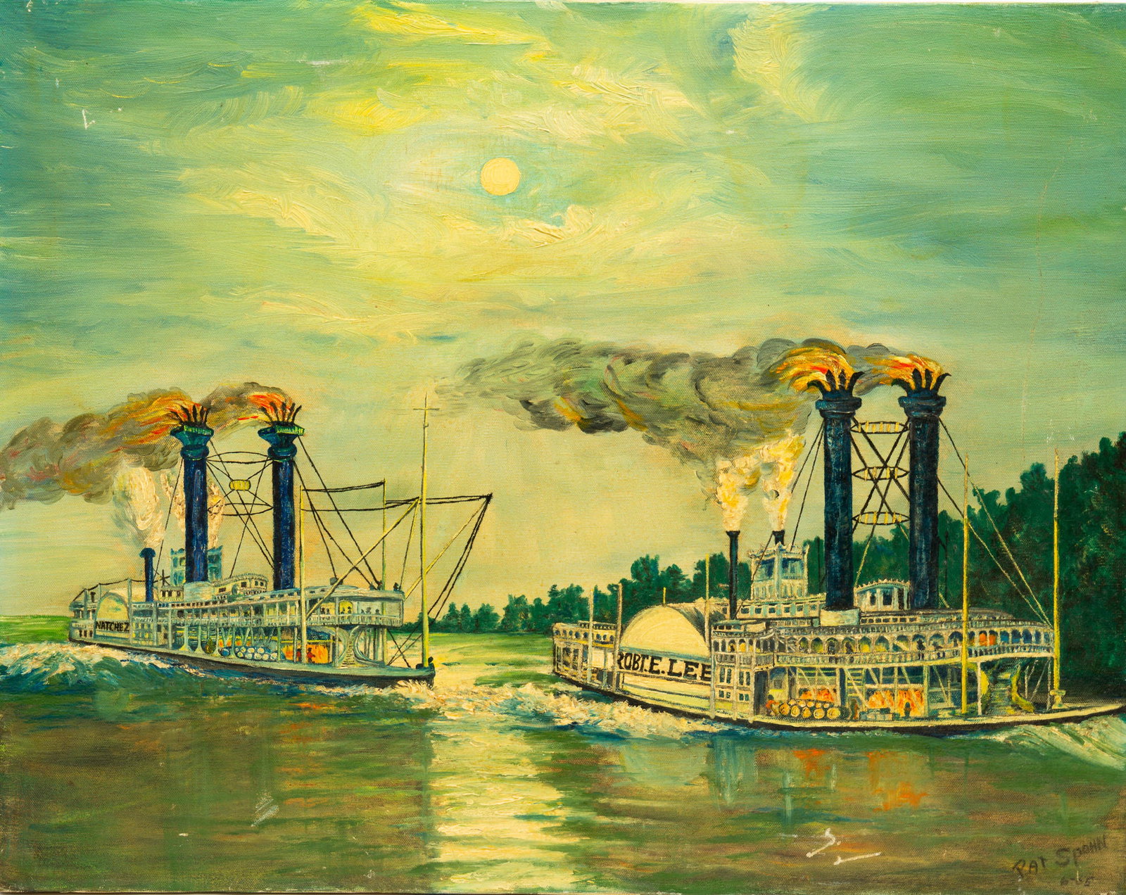 PAINTING OF THE ROBERT E. LEE AND NATCHEZ RACE SIGNED PAT SPOHN.: American, third quarter 20th Century. Oil on canvas. Famous 1870 race between the sidewheel packets. At that time the most bet upon sporting event in American history. Signed and dated "6-(19)65" lowe