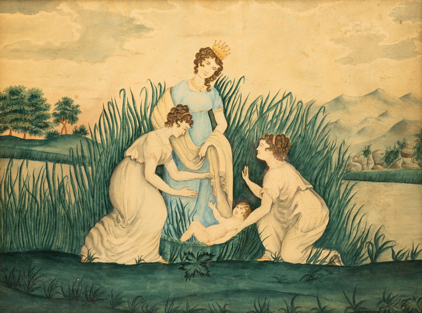 ROMANTICIZED WATERCOLOR PAINTING OF "MOSES IN THE BULLRUSHES".: American, second quarter 19th Century. Watercolor on paper. Three ladies discovering the baby Moses with a background of bullrushes, stream and mountains. Paper toning. Framed 19.5"h. 24.25"w. From th