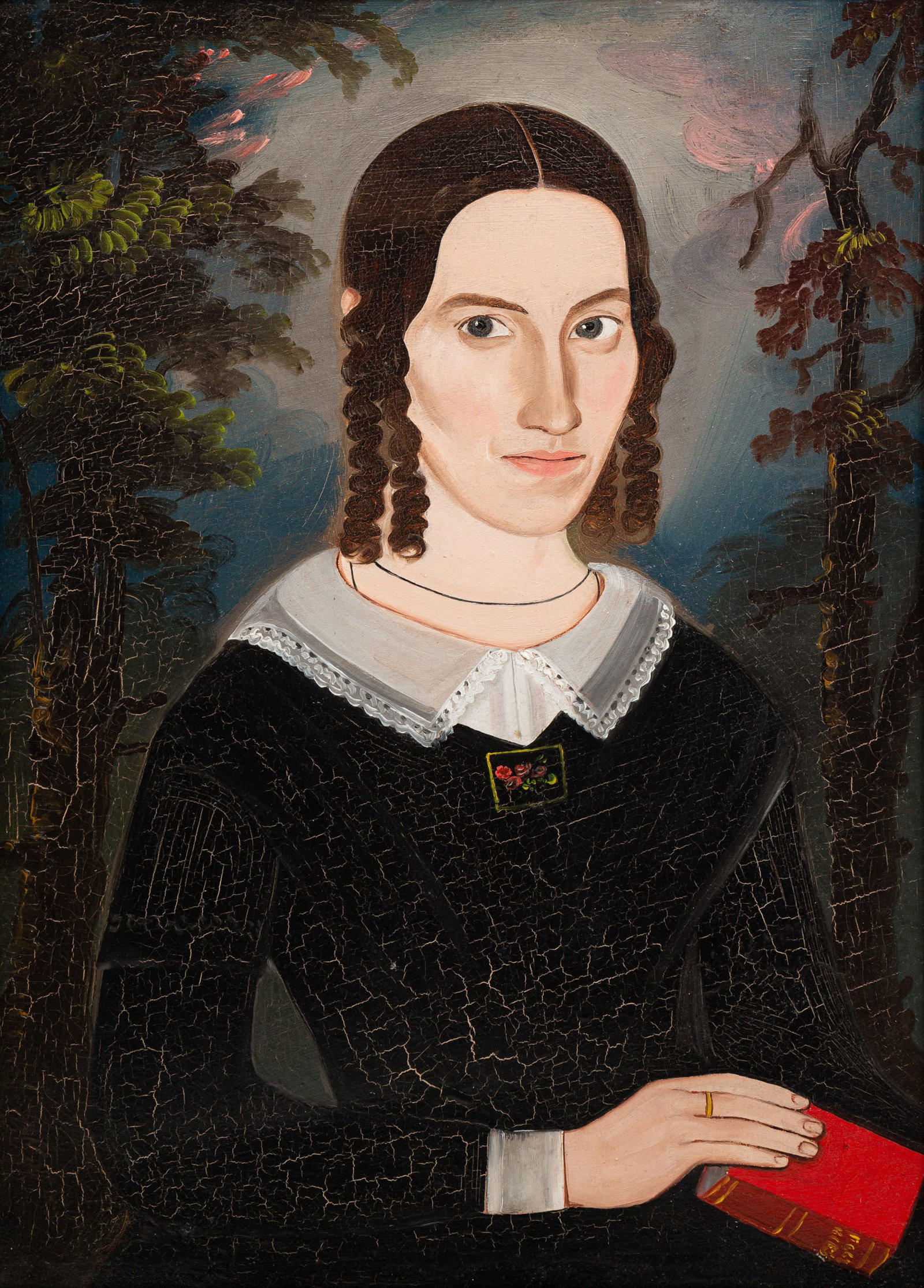 WILLIAM KENNEDY (1817-1871) OIL ON BOARD PORTRAIT OF A RHODE ISLAND LADY.: American (Massachusetts), dated 1845. Captivating oil on wood panel of a young lady, waist up, brown hair, accentuated with curls framing her pensive face, wearing a black laced-collar dress, and hold
