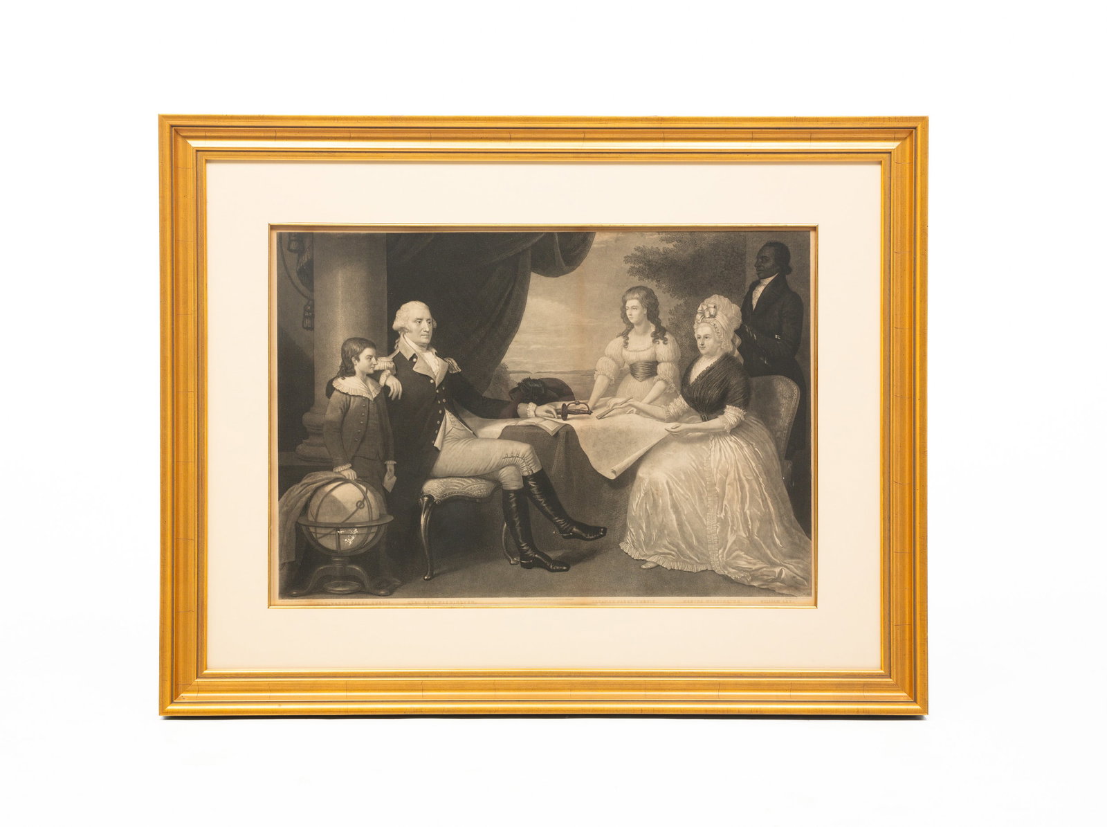 MEZZOTINT OF WASHINGTON AND HIS FAMILY.: Mid 19th Century. Engraved by J. Sartain, Published by William Smith, Philadelphia, Pennsylvania. The family with the Potomac River in the background. Framed and matted. 26.5"h. 33.75"w.