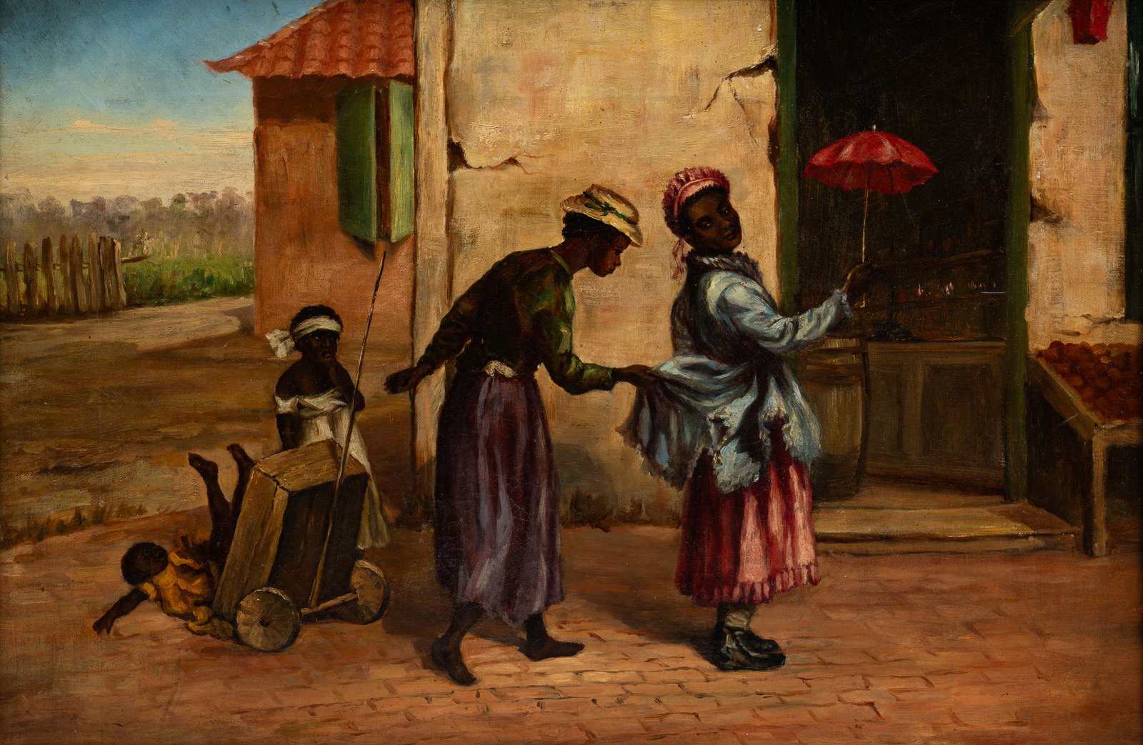 AFRICAN AMERICAN SCENE.: American, late 19th Century. Oil on canvas. Street scene with two ladies and two children, one of which is tumbling from a two wheel cart. Cleaned, revarnished and patched repair. 16"h. 26"w. Framed 2