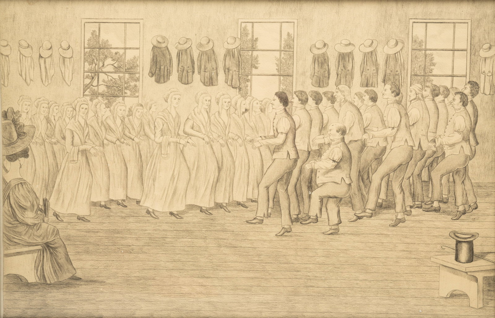 WONDERFUL PENCIL DRAWING OF A SHAKER MEETING HALL SCENE.: American, circa 1900. Pencil on paper. A dance is in progress with ladies on left and men on right. A lady chaperone is seated at left. framed 17"h. 24.25"w. From the collection of the late Audrey Cas