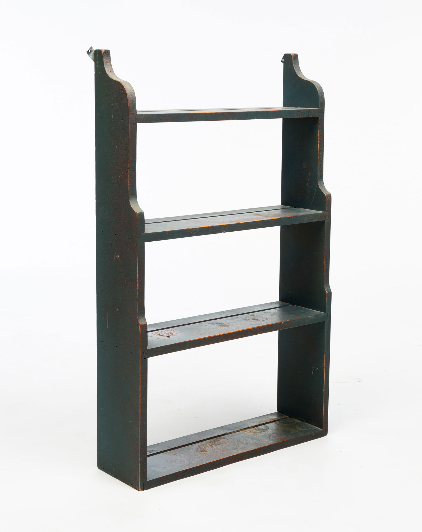 SET OF HANGING SHELVES.: American, late 20th Century. Maple. shaped ends, four shelves with plate grooves. Distressed blue gray paint over red. Some wear and paint loss. 31"h. 18.75"w. 5.5"d.