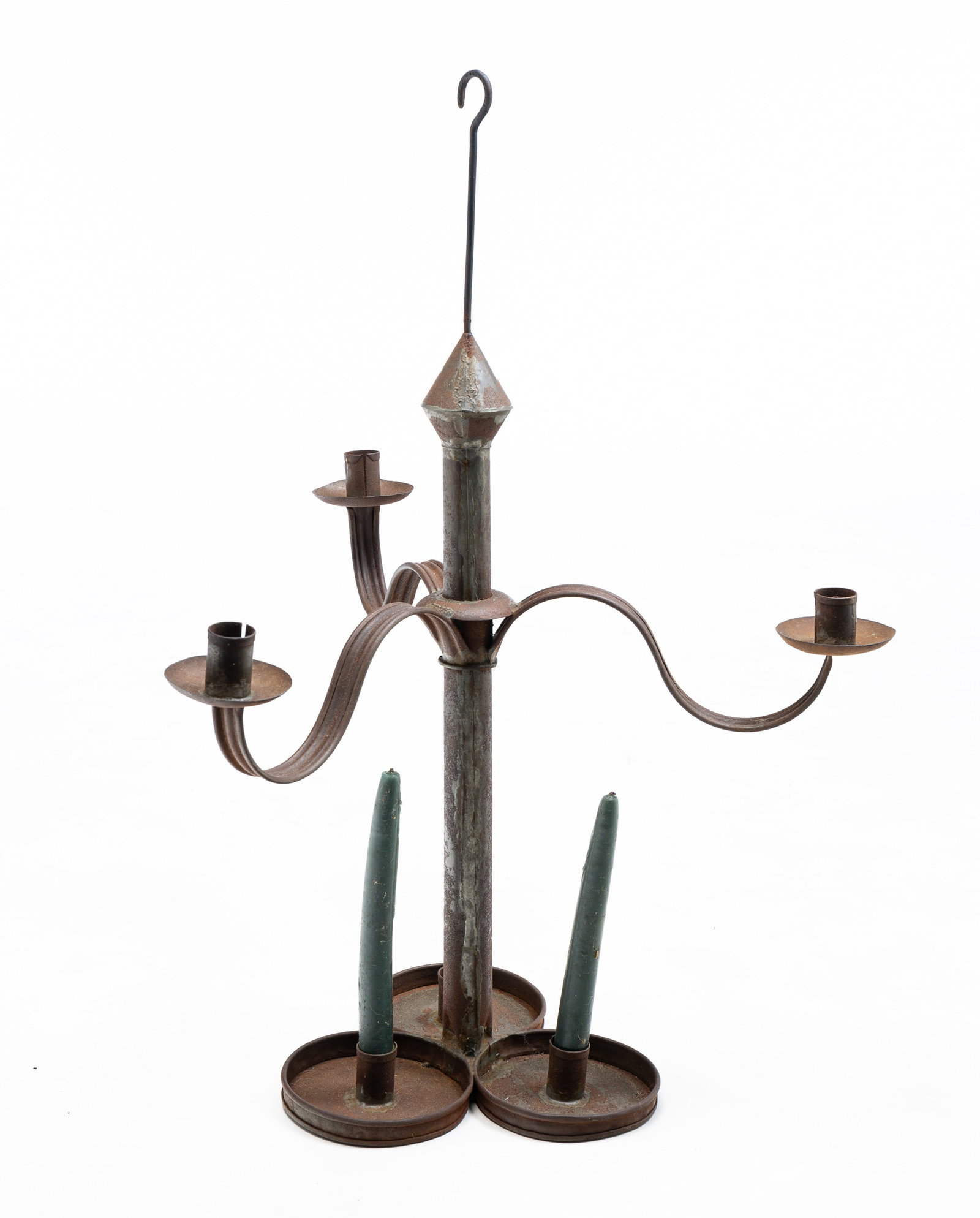TIN CANDELABRA / CHANDELIER.: Europe, 19th Century. Cylindrical center post with hook finial, three "S" shaped candle arms with dish shaped bobeche and base with three pan candle holders. Some oxidation. 26.5"h. From the collectio