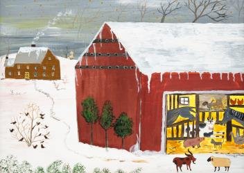 WINTER FARMSCAPE SIGNED BARBARA STRAWSER.: American (Pennsylvania), dated 1977. Oil on artist board. Barn with animals and two story center chimney saltbox house in background. Signed and dated lower right. 18"h. 24"w. In a grain painted frame