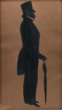 FULL-LENGTH CUT SILHOUETTE BY AUGUSTE A.C. EDOUARD (1789-1861).: French, second-quarter 19th Century. Gentleman with top hat in swallow tail coat carrying an umbrella. Lower left "Aug. Edouart fecit (made) 1827". Label on reverse advertising his skills and the pric
