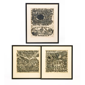 THREE PRINTS BY KERSTIN ABRAM (1931-1998) "THE STICK DANCE, SOMALIA".