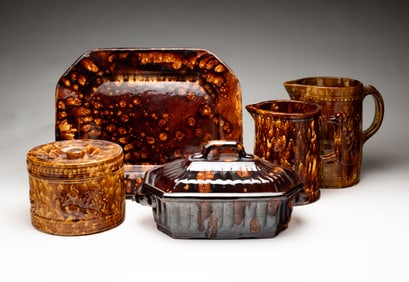 FIVE YELLOW WARE PIECES.