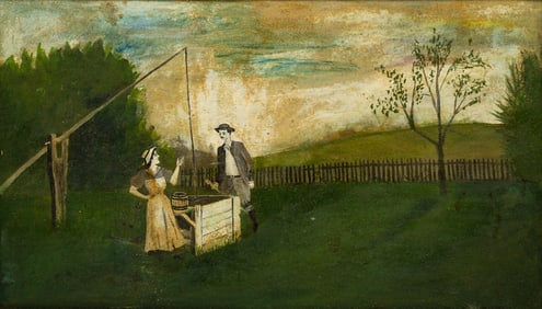 NAIVE SCENE OF A COUPLE AT A WELL.