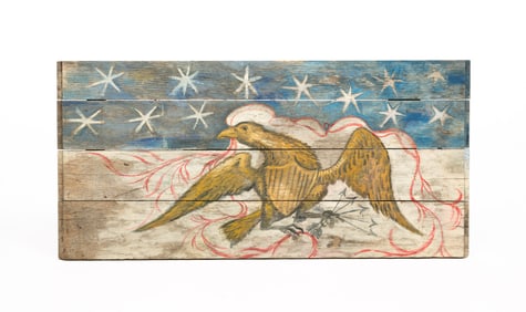 FOLKSY PAINTED FIREBOARD WITH AMERICAN EAGLE.