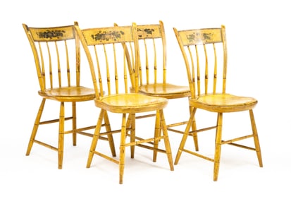 FOUR PAINT-DECORATED BAMBOO WINDSOR SIDE CHAIRS.