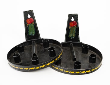 DECORATED TIN HANGING CANDLE HOLDERS.