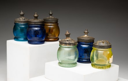 SIX BLOWN-MOLDED CHRISTMAS SALT SHAKERS.