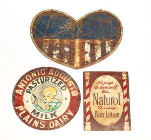 THREE TIN ADVERTISING SIGNS.
