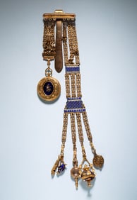 ORNATE GOLD AND COBALT ENAMEL CHATELAINE WITH POCKET WATCH.