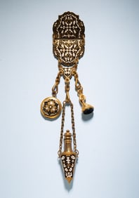 VICTORIAN DAMASCENE ENAMEL CHATELAINE.