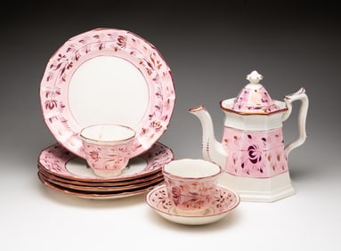 GROUP OF IRONSTONE WITH PINK LUSTER DECORATION.