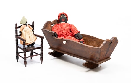 TWO FOLK ART DOLLS WITH CRADLE AND CHAIR.
