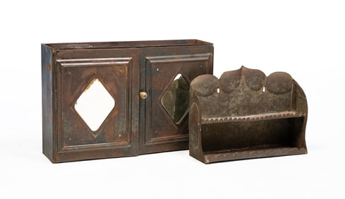 TIN HANGING CABINET AND SHELF.