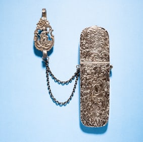 VICTORIAN SILVER CHATELAINE AND EYEGLASS CASE.