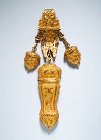 GILT CHATELAINE AND SEWING CASE.