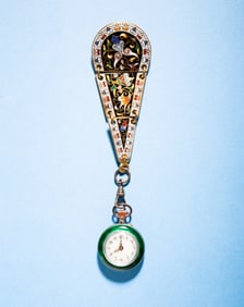 CLOISONNE CHATELAINE WITH ARGENT DORE POCKET WATCH.