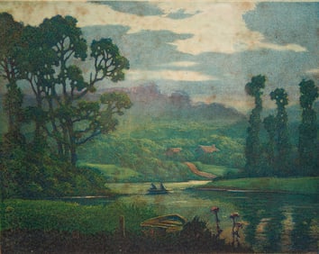 "PEACEFUL VALLEY" ETCHING BY ANTHONY BUCHTA (ILLINOIS, 1896-1967).