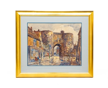 EUROPEAN STREET SCENE WATERCOLOR BY LESLIE COPE (1913-2002).