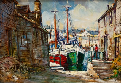 TWO BOAT SCENES BY LESLIE COPE (1913-2002).