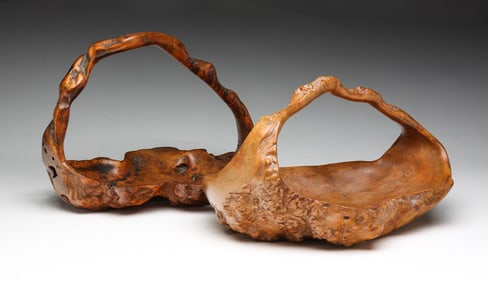 TWO BURL FREEFORM BASKETS.