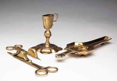 TWO BRASS SCISSOR WICK TRIMMERS.