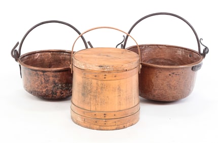AMERICAN SUGAR BUCKET AND TWO COPPER KETTLES.