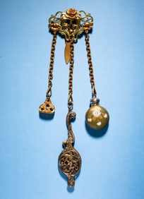 ART NOUVEAU CHATELAINE WITH STERLING SCENT BOTTLE.
