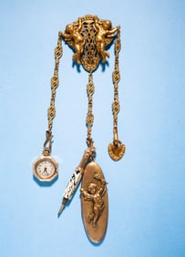 GILT CHATELAINE WITH LADIES POCKET WATCH.