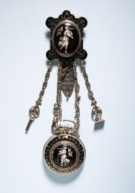 ORNATE BLACK ENAMEL CHATELAINE WITH POCKET WATCH.