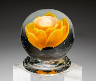 SIGNED HARRY CARALUZZO FRENCH ROSE PAPERWEIGHT ON PEDESTAL.