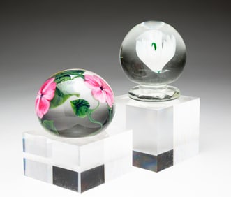 TWO SIGNED ART GLASS PAPERWEIGHTS.