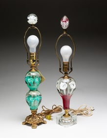 TWO ST. CLAIR PAPERWEIGHT ART GLASS LAMPS.
