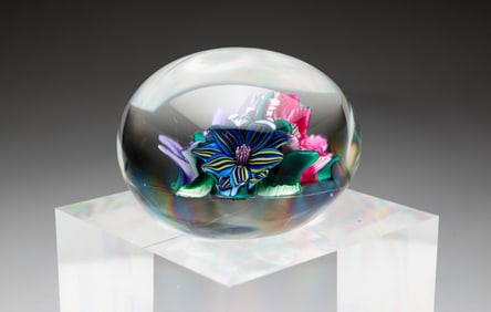 SIGNED KEN ROSENFELT FLORAL PAPERWEIGHT.